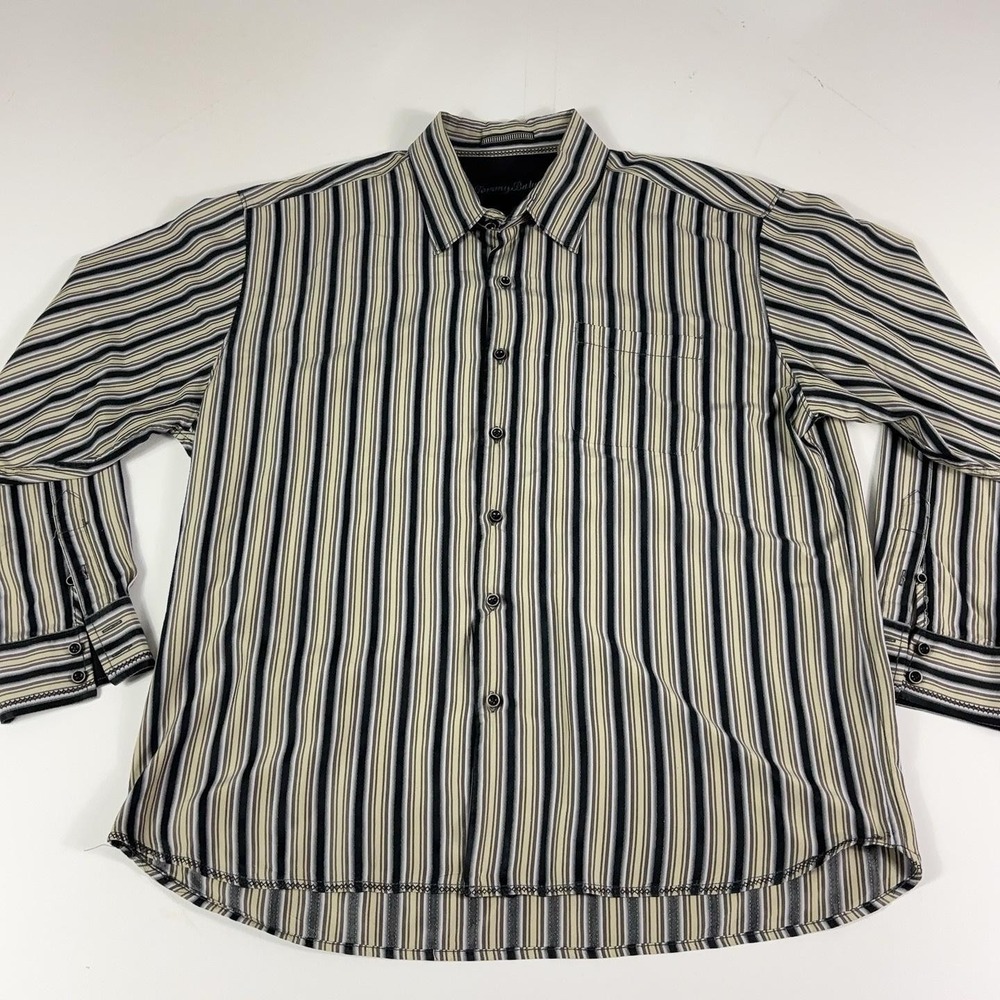 Tommy Bahama Shirt Mens 2XL Beige Silk Striped Long Sleeve Button Up Pocket